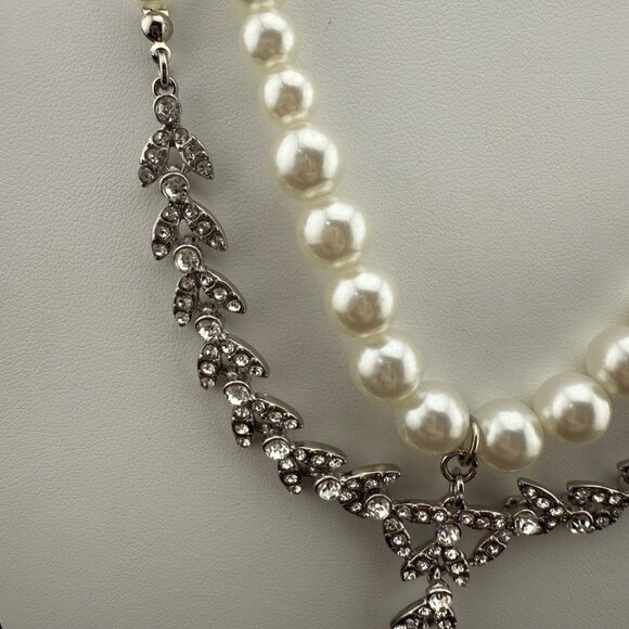 Elegant Faux Pearl Double-Strand Necklace With Rhinestone Pendant & Drop Pearl A - Picture 3 of 7